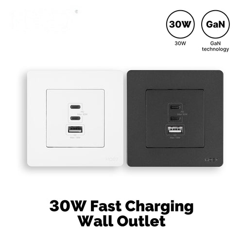 Moes Star Ring 30W/65W Fast Charging PD3.0 Wall Electrical Outlet Charger GaN Socket 3 Ports Type C USB A