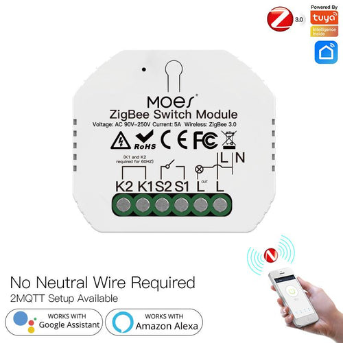 Moes ZigBee Smart Light Switch Module Tuya No Neutral Wire 2 Way Required 2MQTT Relay