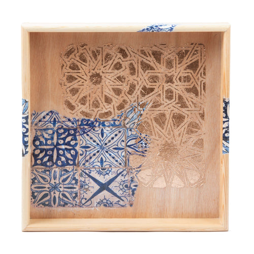 MyTindy 32 cm Wooden Tray with Printed Zelij Fragments