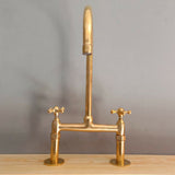 MyTindy Antique Brass Bridge Faucet, Unlacquered Brass Kitchen Sink Faucet, view 3