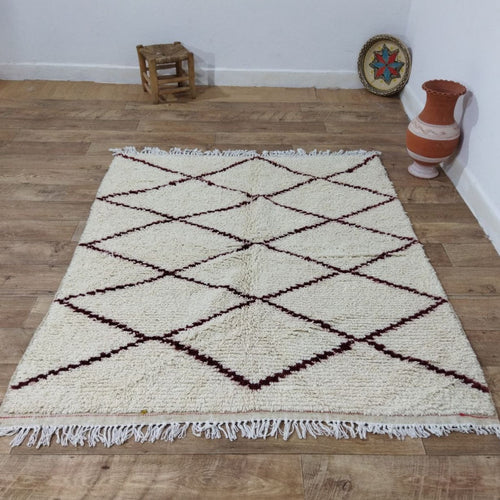 MyTindy Authentic White And Burgundy Moroccan Rug - Beni Ourain Rug 5x5 Ft