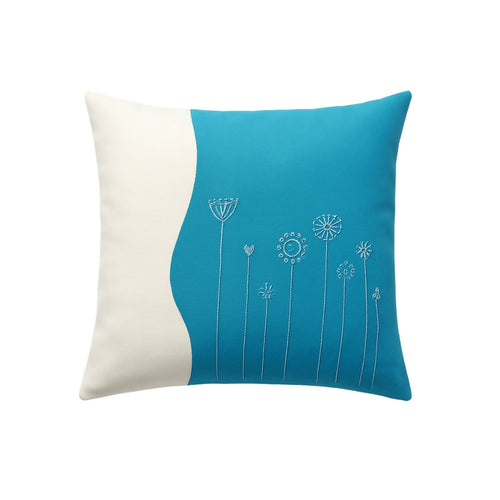 MyTindy Azure Meadow Moroccan Hand-Embroidered Cushion – Two-Tone Linen Decorative Pillow