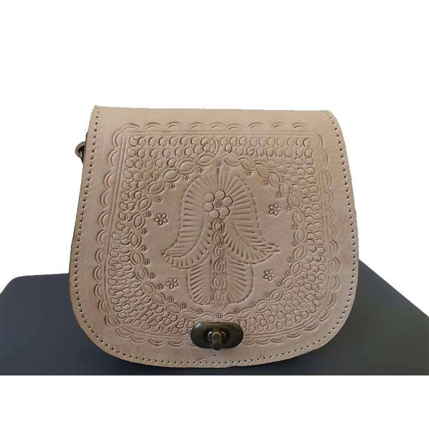 MyTindy Beige Leather Cross Body Bag with Hamsa Engraving