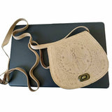 MyTindy Beige Leather Cross Body Bag with Hamsa Engraving, view 3