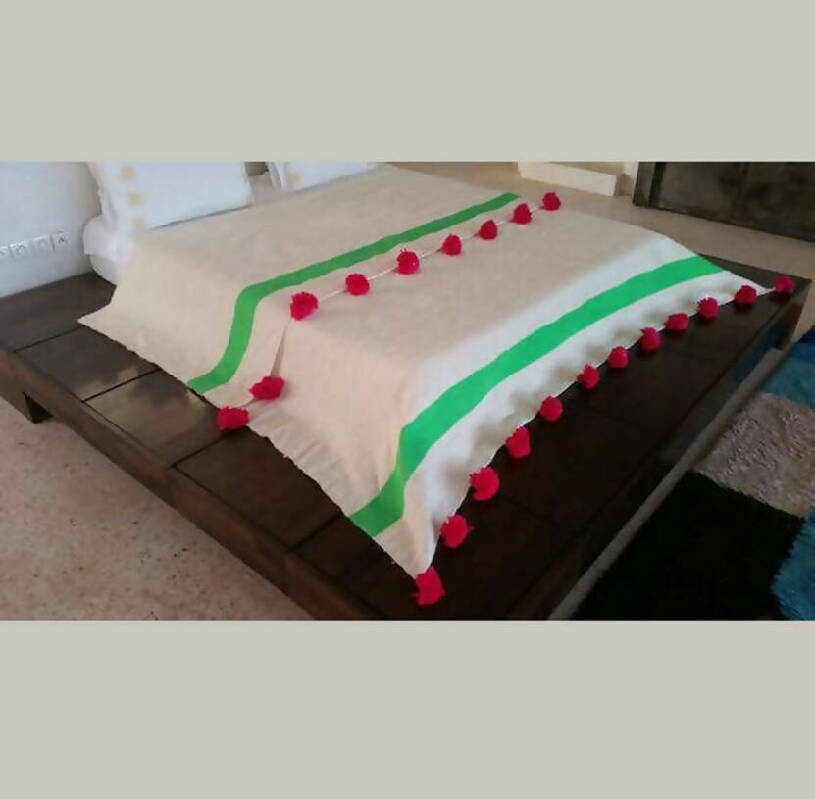 MyTindy Beige, Pink and Green Moroccan Blanket with Pompom