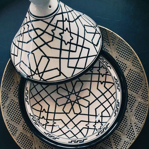 MyTindy Large Black and White Tajine With Mosaic Patterns I