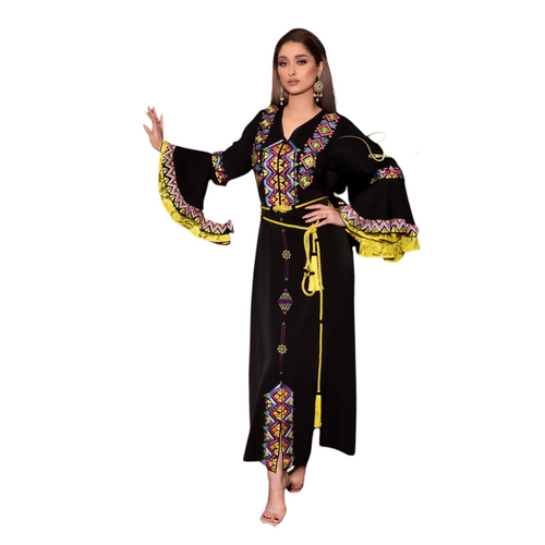 MyTindy Black and Yellow Embroidered Kaftan