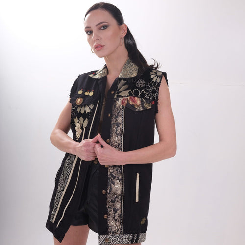MyTindy Black Denim & Gold No Sleeves Jacket