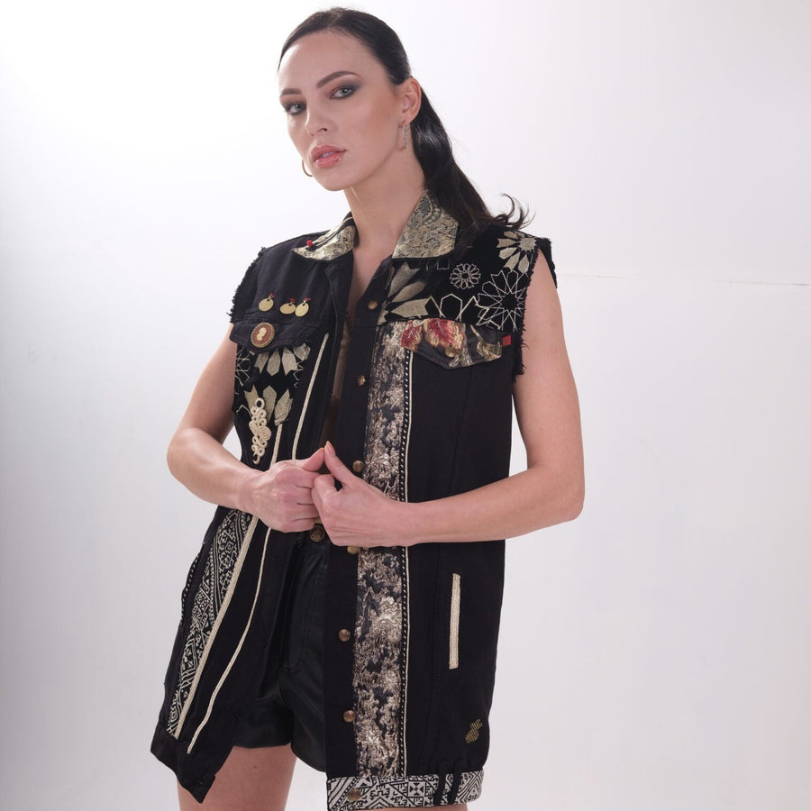 MyTindy Black Denim & Gold No Sleeves Jacket