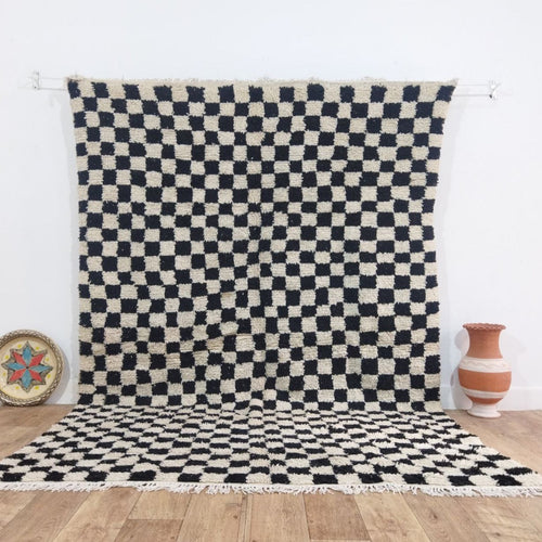 MyTindy Black Handmade Rug, White and Black Checkered Rug - Berber style wool rug from Morocco - Modern rug