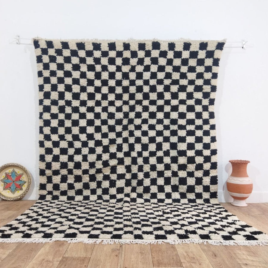 MyTindy Black Handmade Rug, White and Black Checkered Rug - Berber style wool rug from Morocco - Modern rug