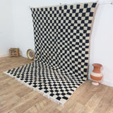 MyTindy Black Handmade Rug, White and Black Checkered Rug - Berber style wool rug from Morocco - Modern rug, view 2