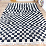 MyTindy Black Handmade Rug, White and Black Checkered Rug - Berber style wool rug from Morocco - Modern rug, view 4