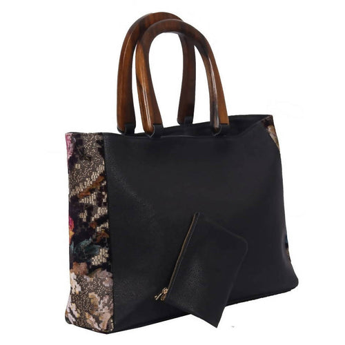 MyTindy Black Leather Bag with Wooden Handle