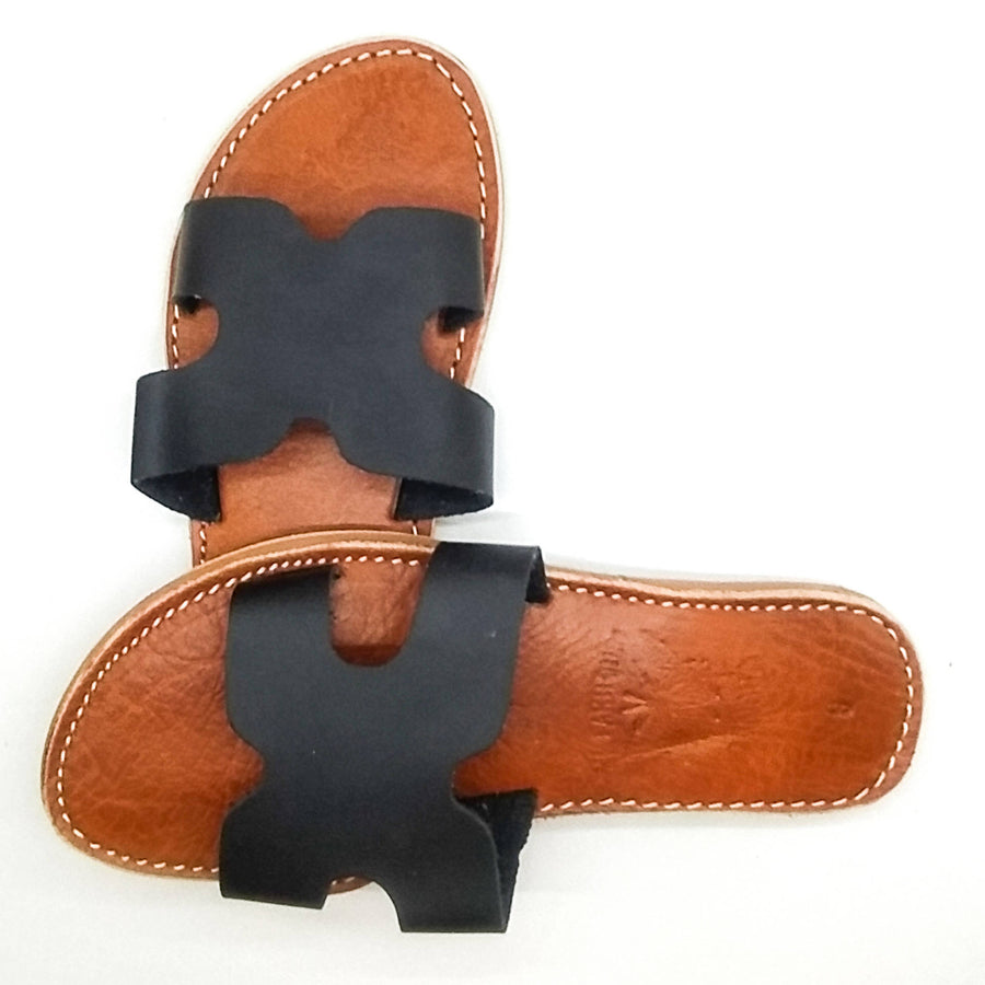 MyTindy Black Leather Sandales H Shaped