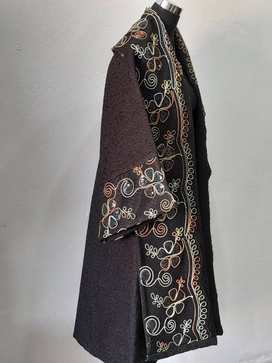 MyTindy Black Moroccan Embroidered Kimono