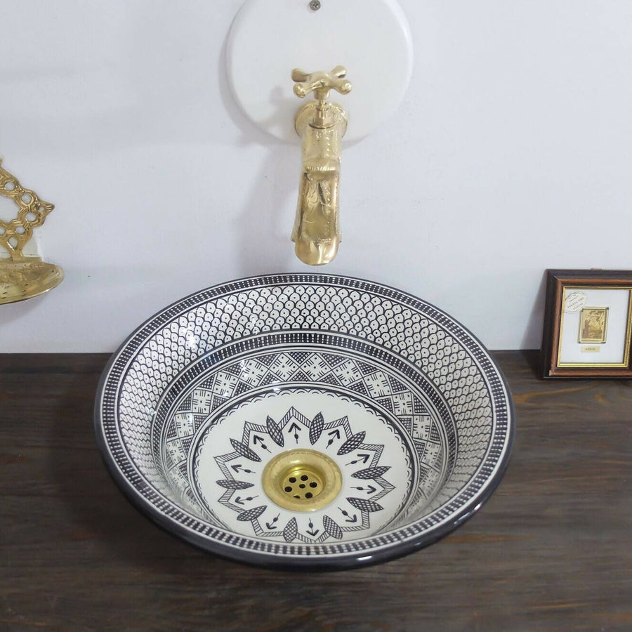MyTindy Black & White Ceramic Moroccan Sink - Handpainted