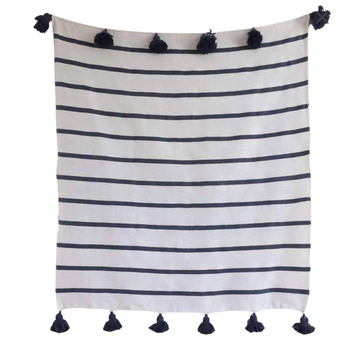 MyTindy Black & White Cotton Blanket, Black POMPOMS