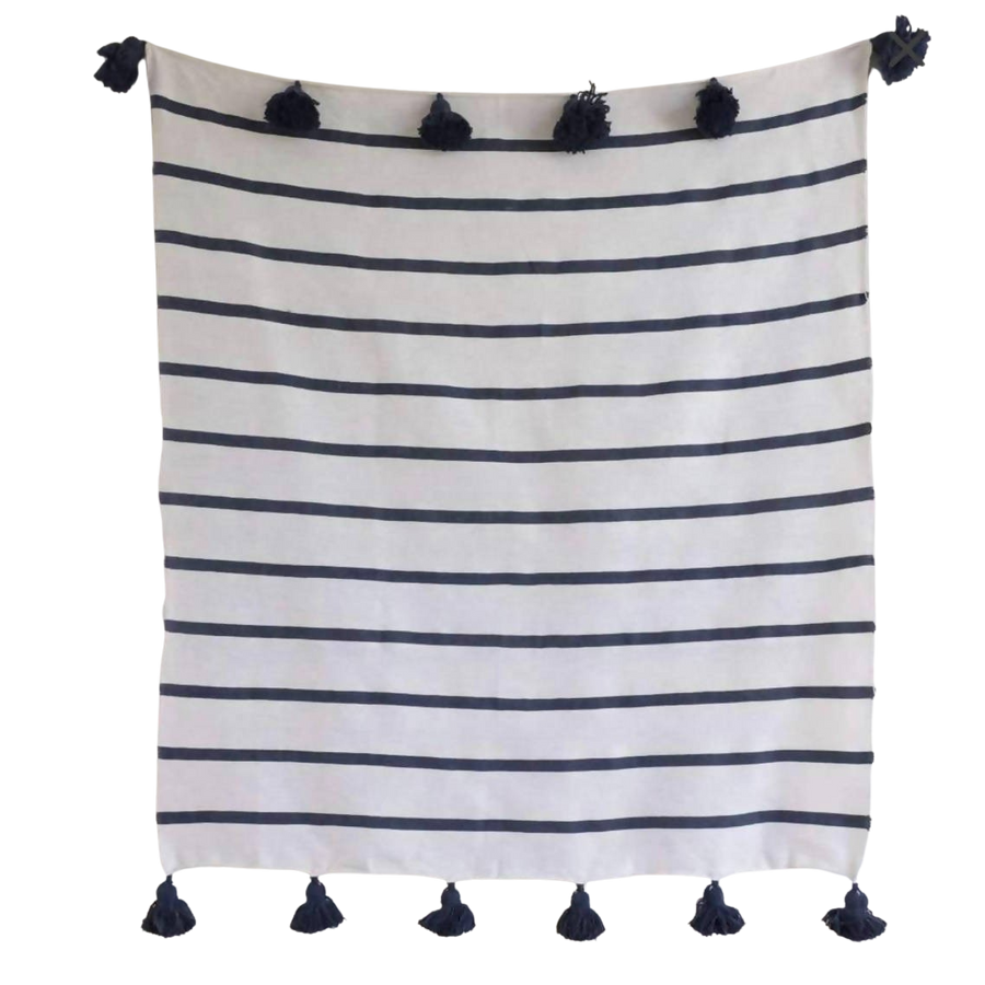 MyTindy Black & White Cotton Blanket, Black POMPOMS