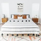 MyTindy Black & White Cotton Blanket, Black POMPOMS, view 2