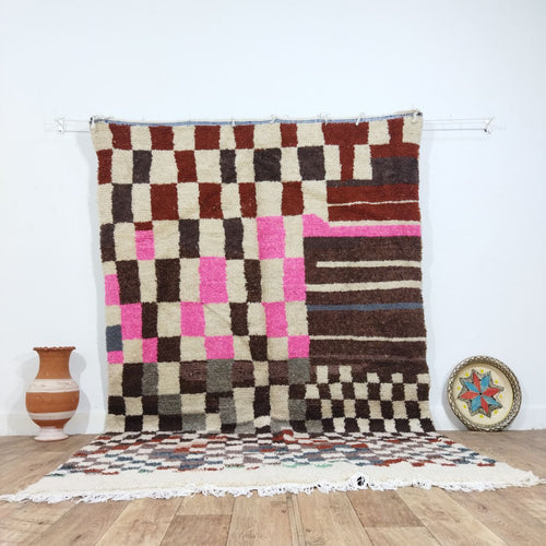 MyTindy Blood Red Handmade Rug, Red & Pink Checkered Rug - Berber style wool rug from Morocco - Modern rug