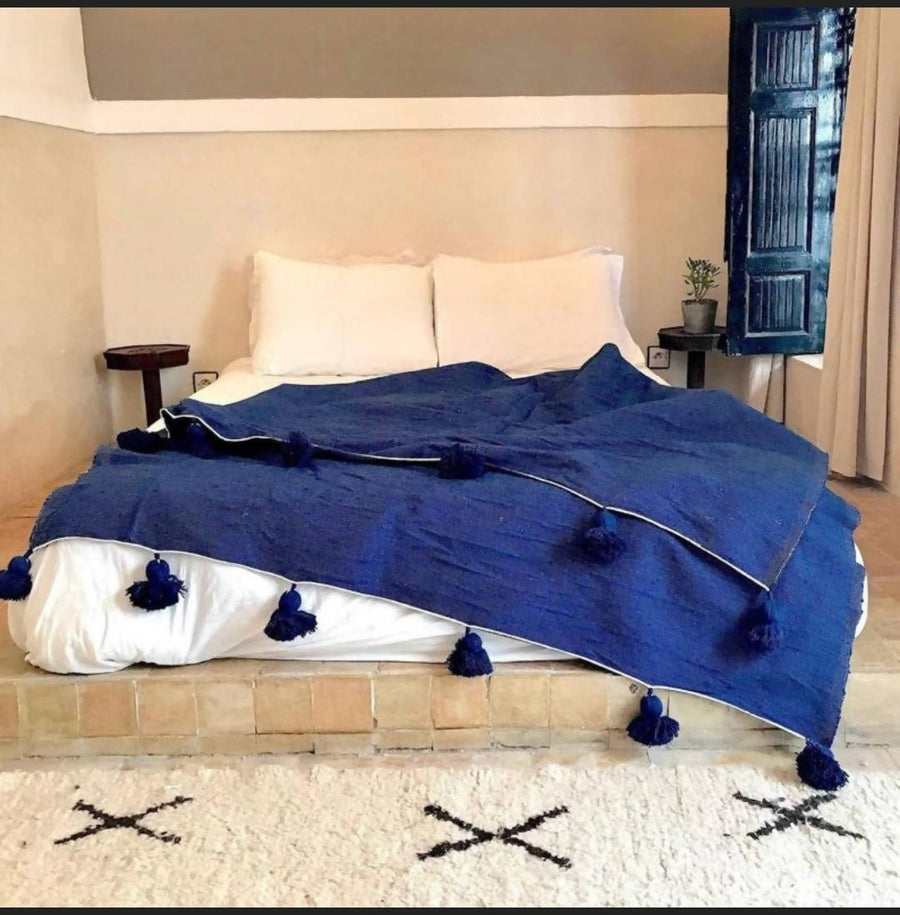 MyTindy Blue Cotton Blanket, Blue POMPOMS