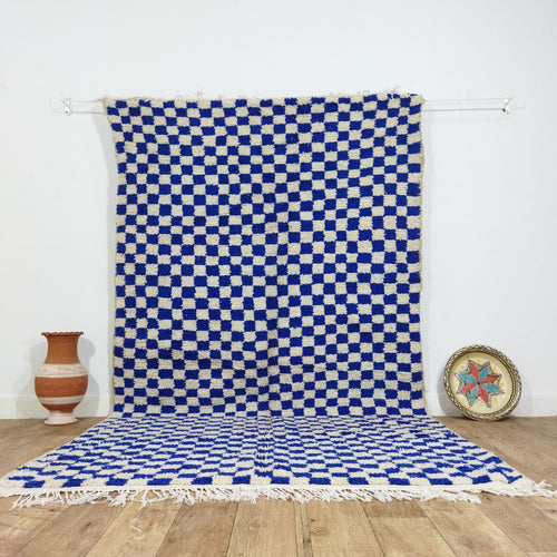 MyTindy Blue Handmade Rug, Blue Checkered Rug - Berber style wool rug from Morocco - Modern rug