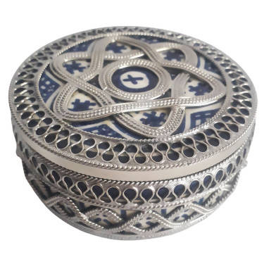 MyTindy Blue Moroccan Ceramic Jar with White Metal