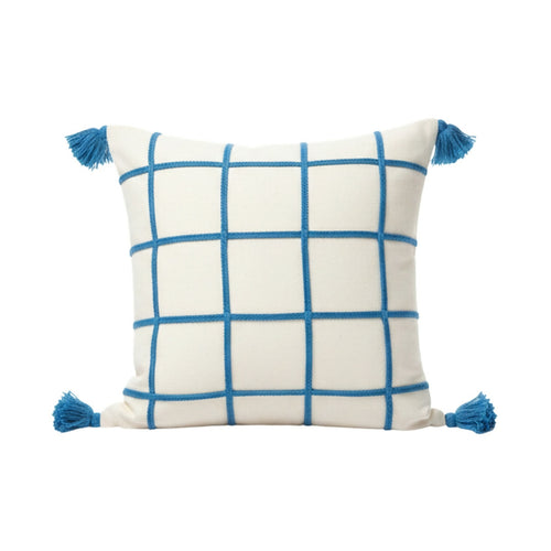 MyTindy Blue Windowpane Check Tassel Cushion โ Textured White Cotton Throw Pillow