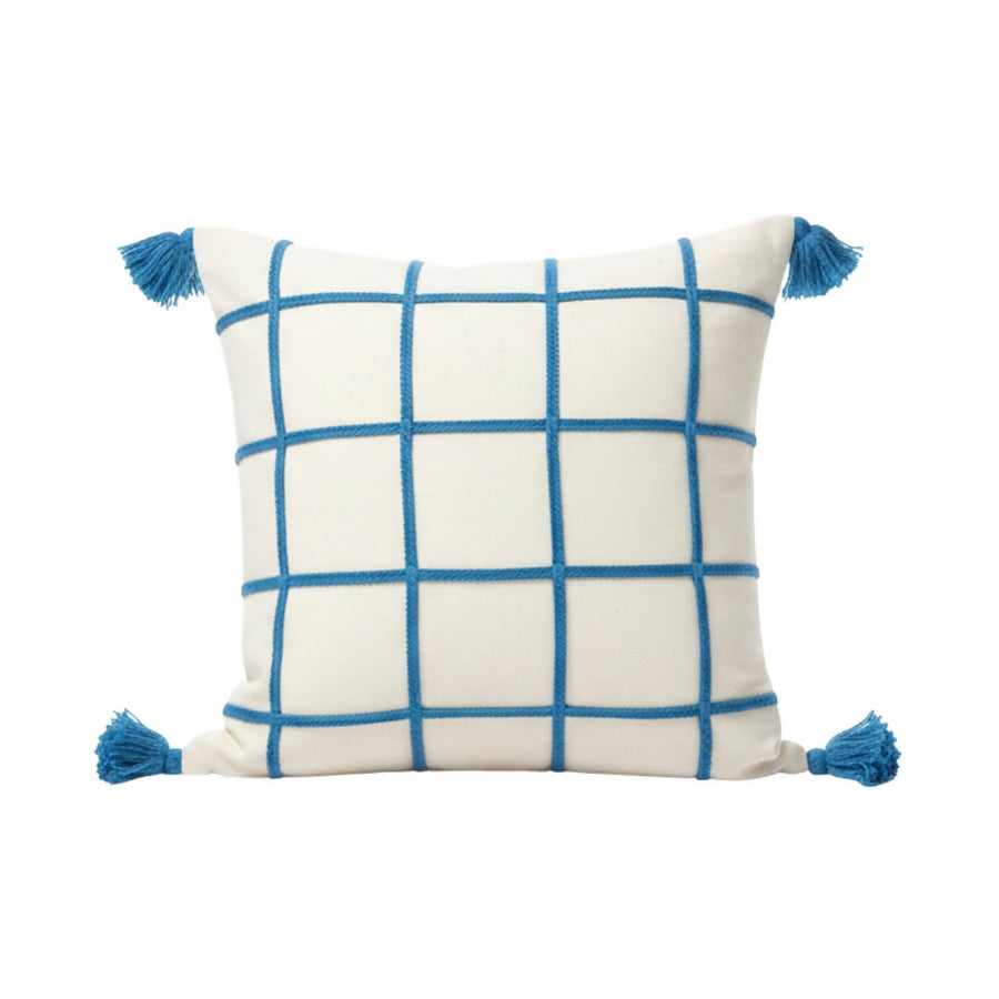 MyTindy Blue Windowpane Check Tassel Cushion – Textured White Cotton Throw Pillow
