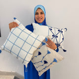 MyTindy Blue Windowpane Check Tassel Cushion – Textured White Cotton Throw Pillow, view 2