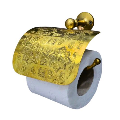 MyTindy Brass Engraved Toilet Paper Holder, Unlacquered Brass Finish, Unique Artisan Handcrafted Toilet Roll Hanger