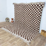 MyTindy Brown Handmade Rug, White and Brown Checkered Rug - Berber style wool rug from Morocco - Modern rug, view 2