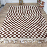 MyTindy Brown Handmade Rug, White and Brown Checkered Rug - Berber style wool rug from Morocco - Modern rug, view 3