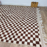 MyTindy Brown Handmade Rug, White and Brown Checkered Rug - Berber style wool rug from Morocco - Modern rug, view 5