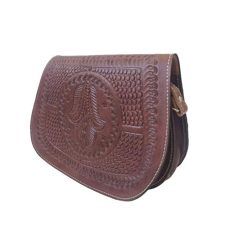MyTindy Brown Leather Cross Body Bag with Hamsa Engraving
