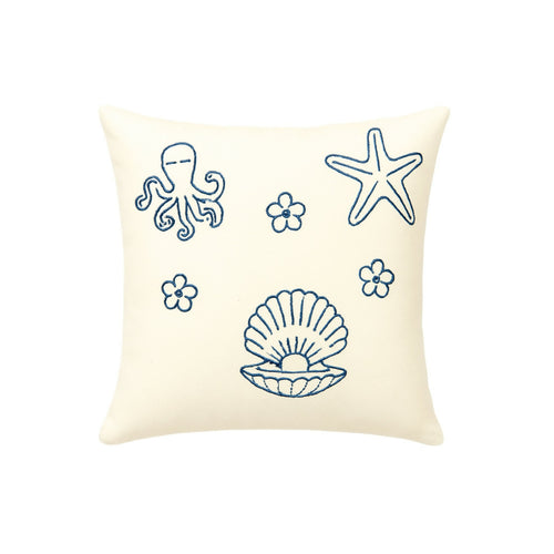MyTindy Coastal Embroidered Shell & Octopus Throw Pillow – Navy Blue Nautical Decorative Cushion – Beach House Decor