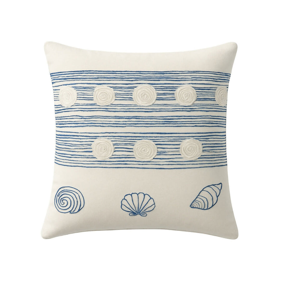 MyTindy Coastal Seashell & Stripe Cotton Cushion | Hand-Embroidered Nautical Design