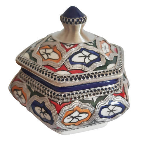 MyTindy Colorful Moroccan Ceramic Jar with White Metal