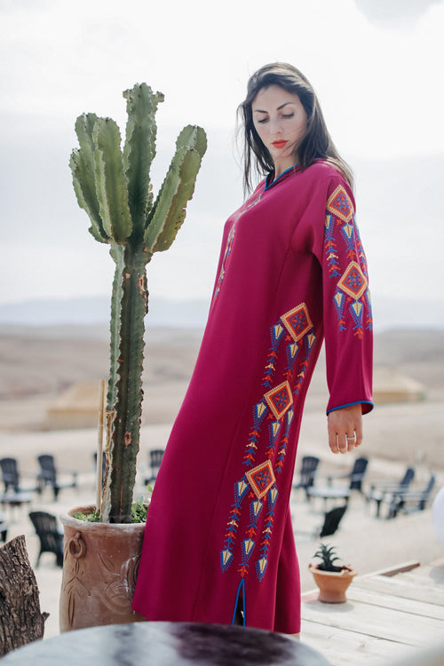 MyTindy Dark Pink and Yellow Djellaba Moroccan Dress