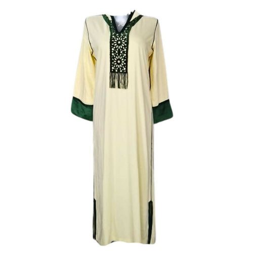 MyTindy Elegant Moroccan Jellaba with Rectangular Pattern - Cream and Green