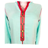 MyTindy Elegant Moroccan Jellaba with Sleeve Design and Contrasting Borders - Light Blue and Pink, view 4