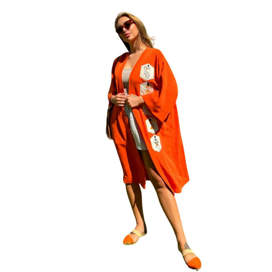 MyTindy Embroidered Orange Kimono with African motifs