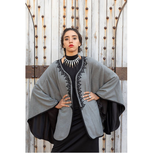 MyTindy Grey Embroidered wool and cashmere cape