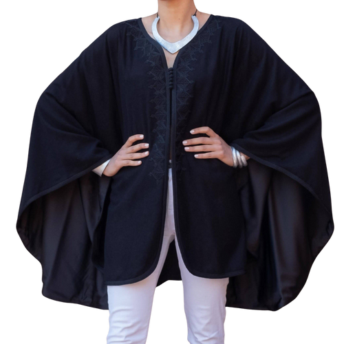 MyTindy Black Embroidered wool and cashmere cape