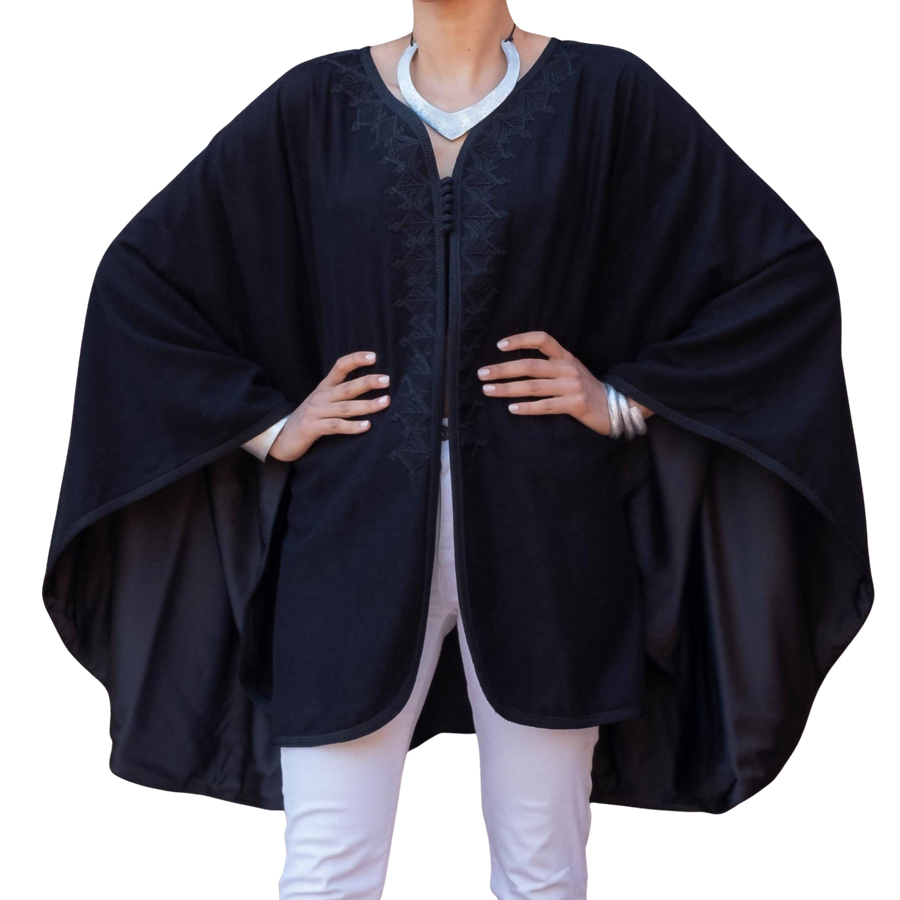 MyTindy Black Embroidered wool and cashmere cape