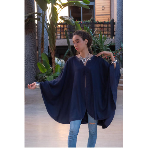 MyTindy Blue Embroidred wool and cashmere cape