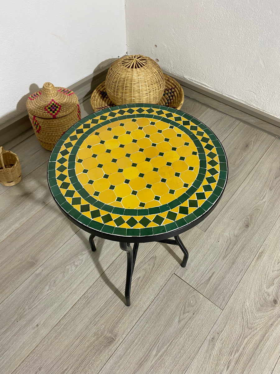 MyTindy Emerald green and yellow table round made from mosaic for outdoor-indoor 100% handcrafted Moroccan tiles, Mid century Mosaic coffee table .