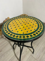 MyTindy Emerald green and yellow table round made from mosaic for outdoor-indoor 100% handcrafted Moroccan tiles, Mid century Mosaic coffee table ., view 2