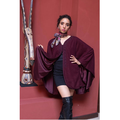 MyTindy Burgundy Emroidred wool and cashmere burgundy cape